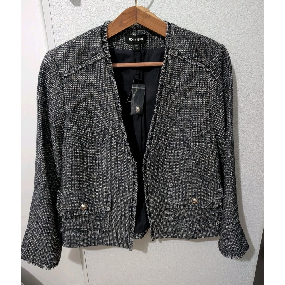 Express Tweed Boucle Knit Open Front Fringe Blazer Jacket Black Women's L NWT